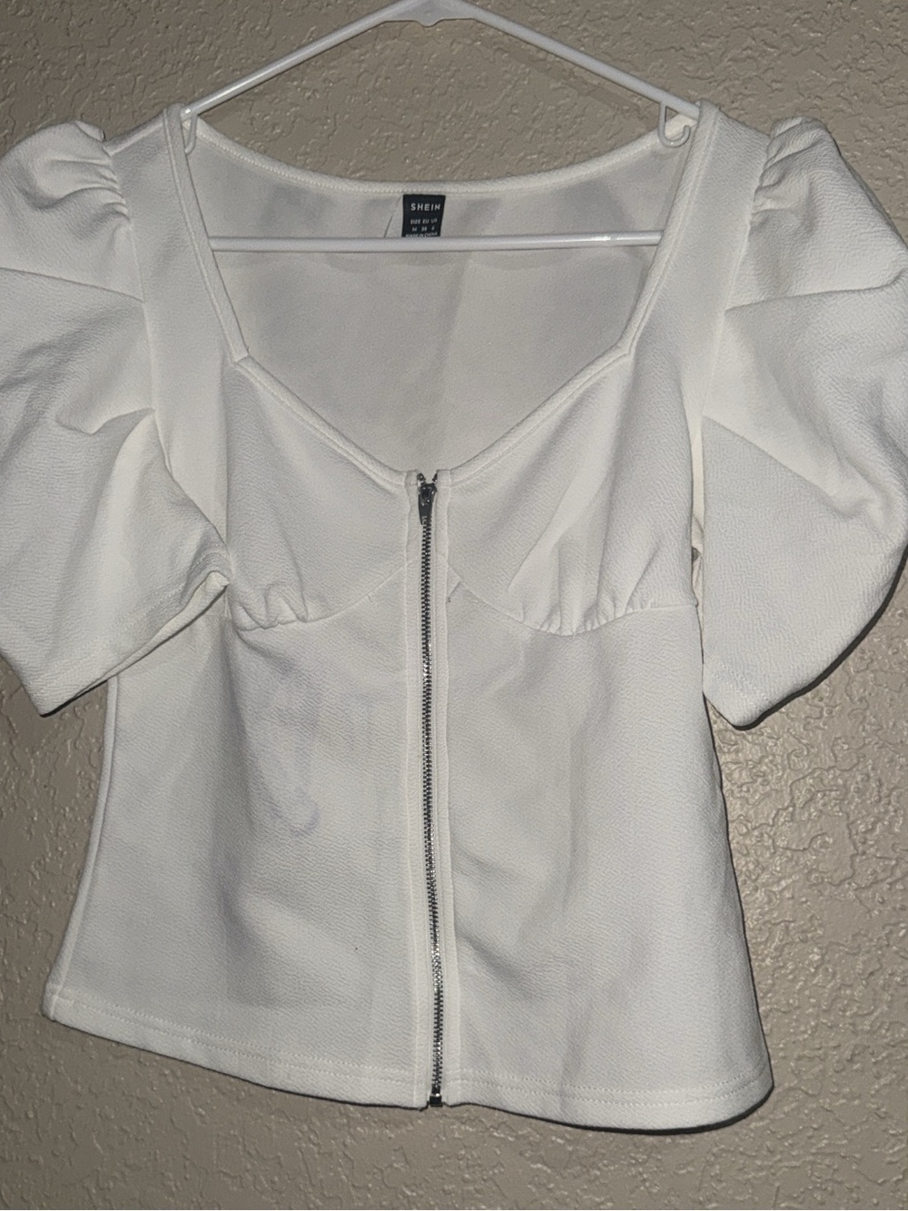 SHEIN White Puff Sleeve Zip-Front Top with Square Neck